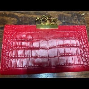 Alexander McQueen crocodile long 4 ring clutch purse gemstones skull purse gold